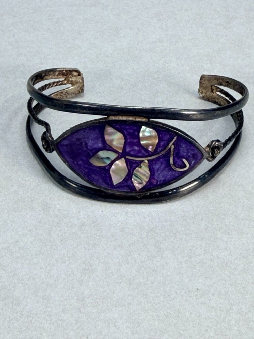 Vintage Mexican Alpaca Abalone Purple Enamel Eye Cuff Bracelet Artisan Boho